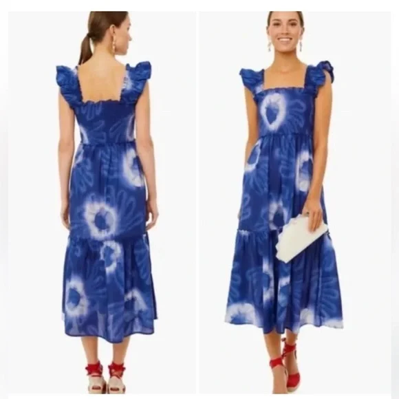 Tuckernuck Rory Blue Dye Ruffle Sleeve 100% Cotton Midi Sundress Small - Picture 2 of 11